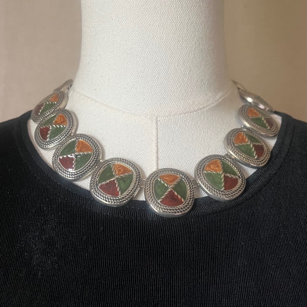 Vintage Southwestern Enamel Disc Statement Necklace Silver Tone Collar